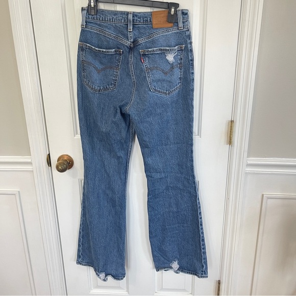 Levi's Premium 70s High Rise Flare Jeans Women's 27 Blue Denim Distressed - Picture 2 of 5